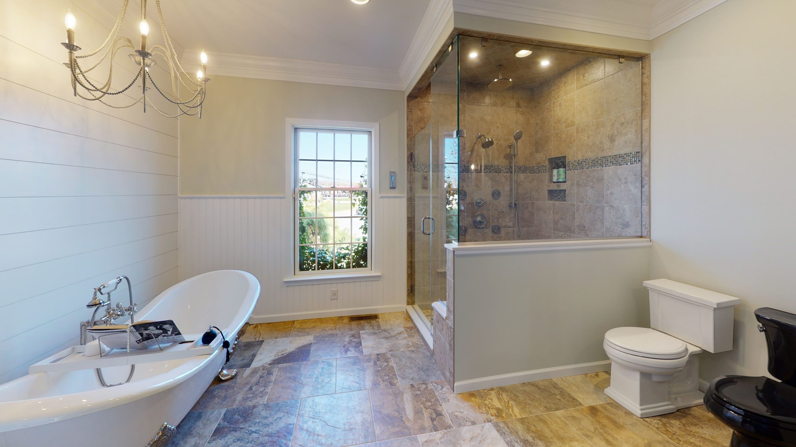 walk in spa shower, full white bathtub, marble tile floor