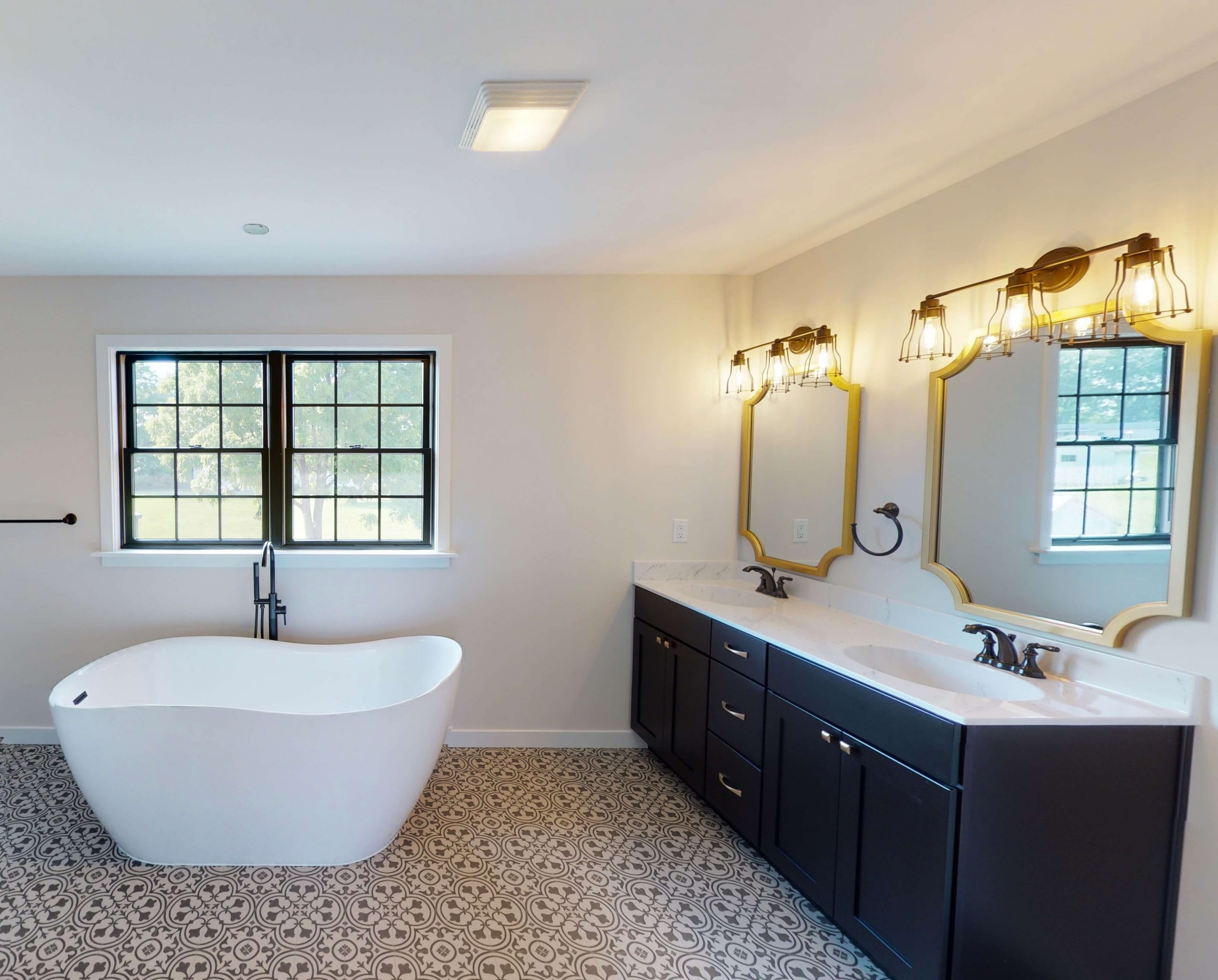 custom built bathroom with custom floor tiles and bathtub