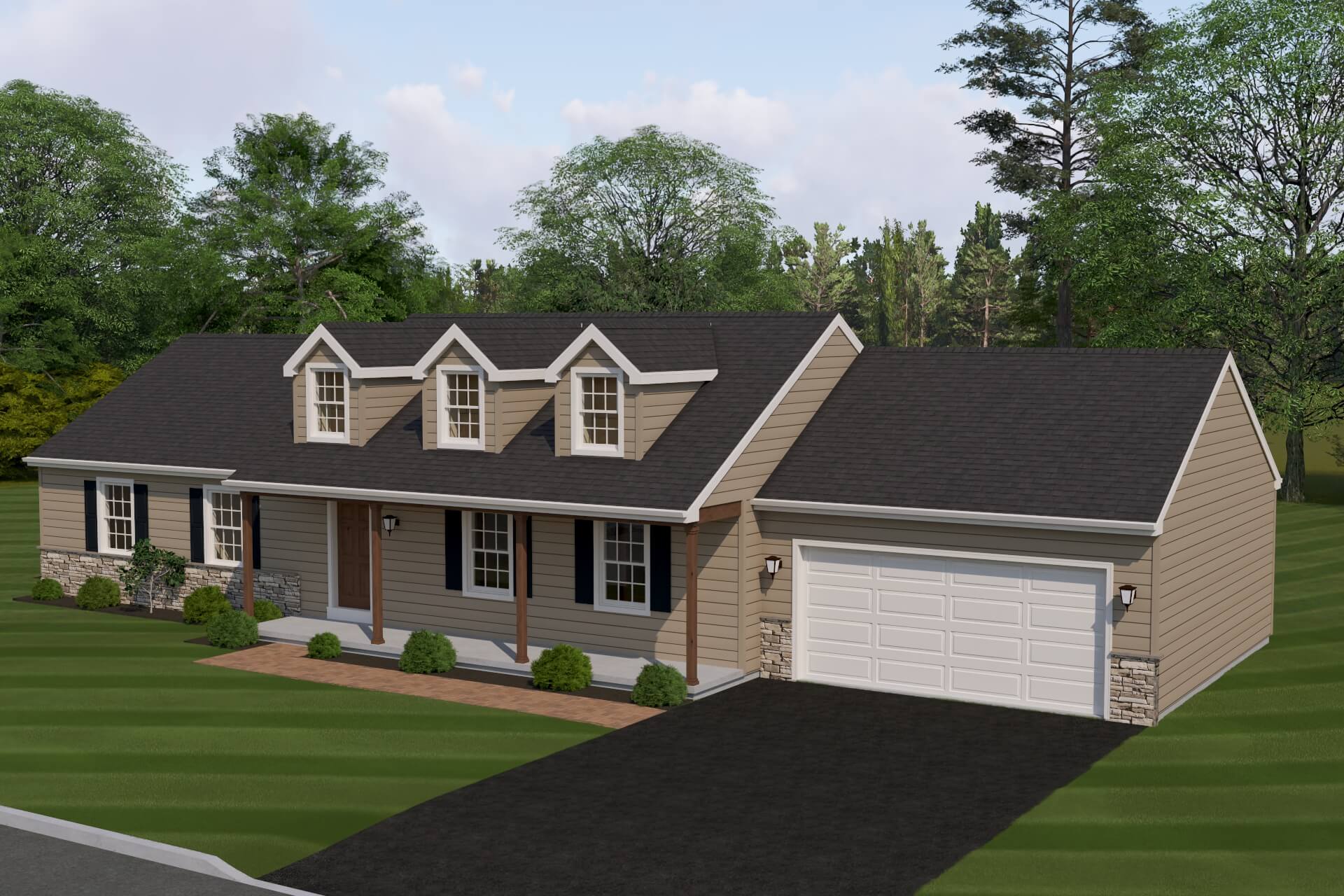 This ranch home has a country style with a front porch and railing, stone accents and three dormers