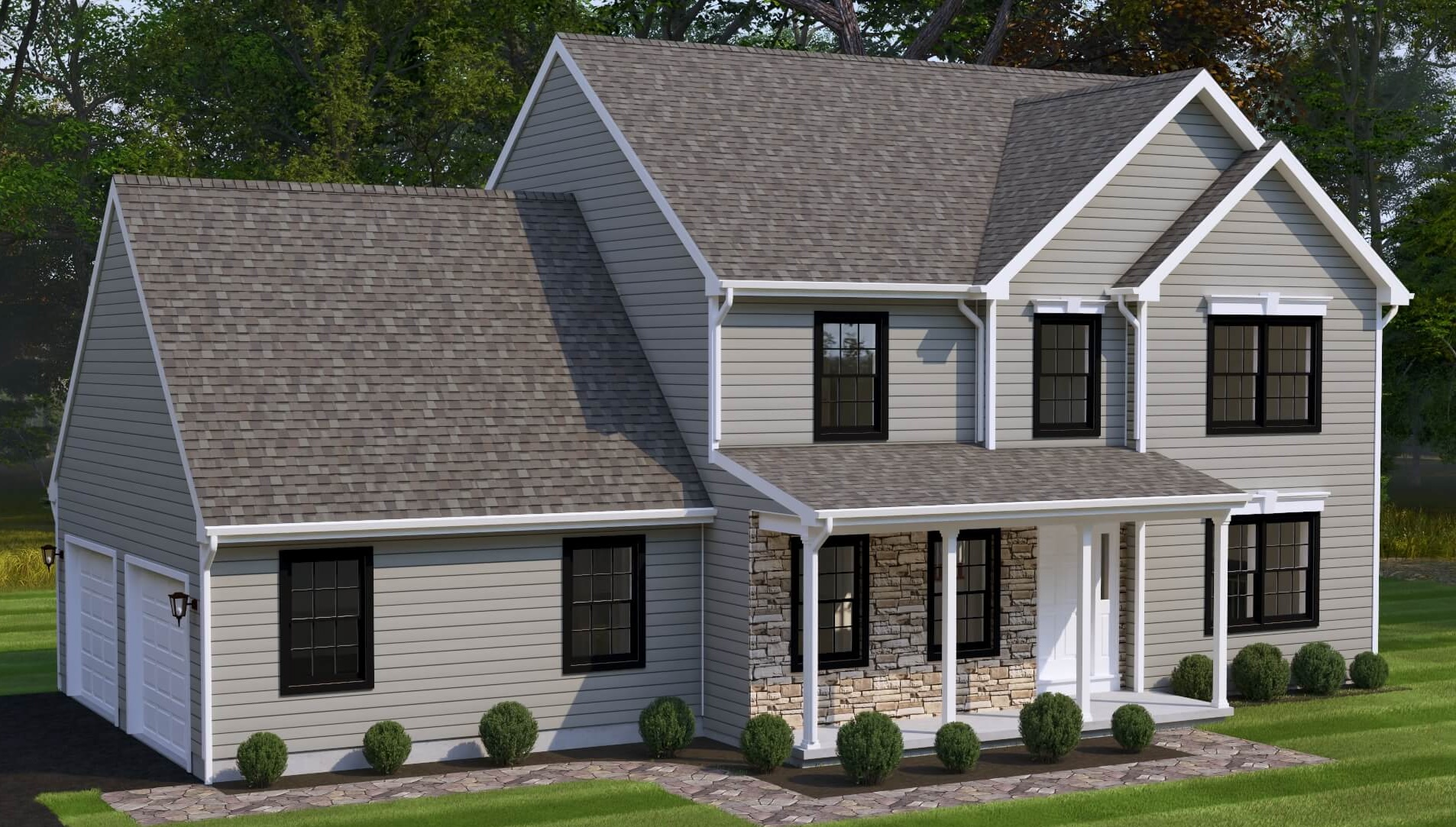  double peaks, window heads, front porch with stone facade and side loaded 2 car garage house